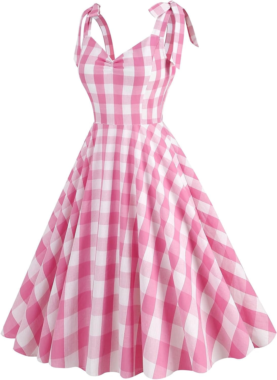 Women Vintage 1950S Pink Gingham Dress Spaghetti Straps Pinup Dresses 50S Costume Cosplay Party Halloween Rockabilly Dress