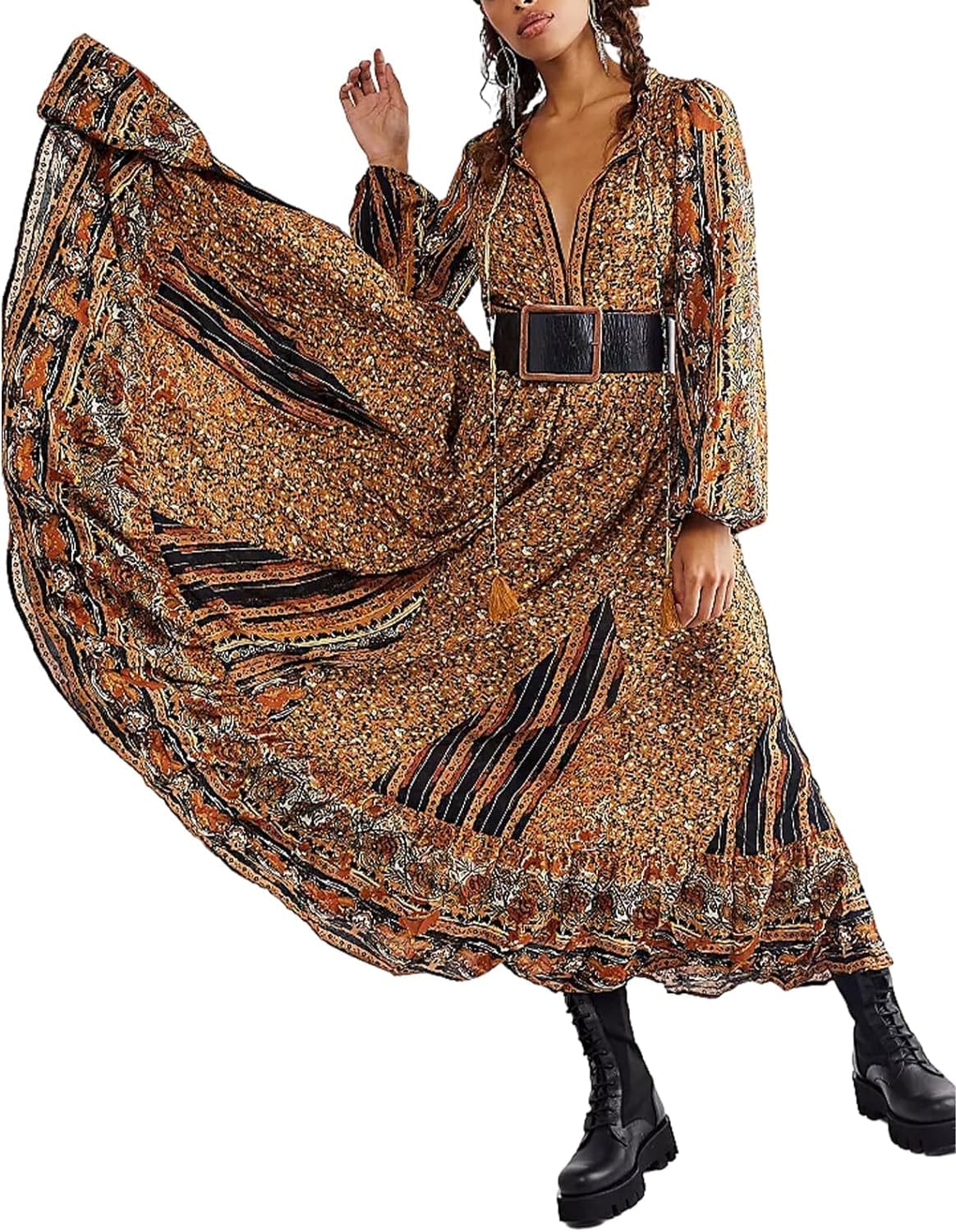 Women Vintage Floral Boho Maxi Dress Long Sleeve Flowy Bohemian Long Dress Casual V Neck Button up Split Dress B-Yellow Tassel / Medium