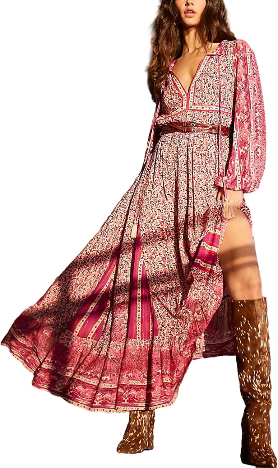 Women Vintage Floral Boho Maxi Dress Long Sleeve Flowy Bohemian Long Dress Casual V Neck Button up Split Dress B-Pink Tassel / Medium
