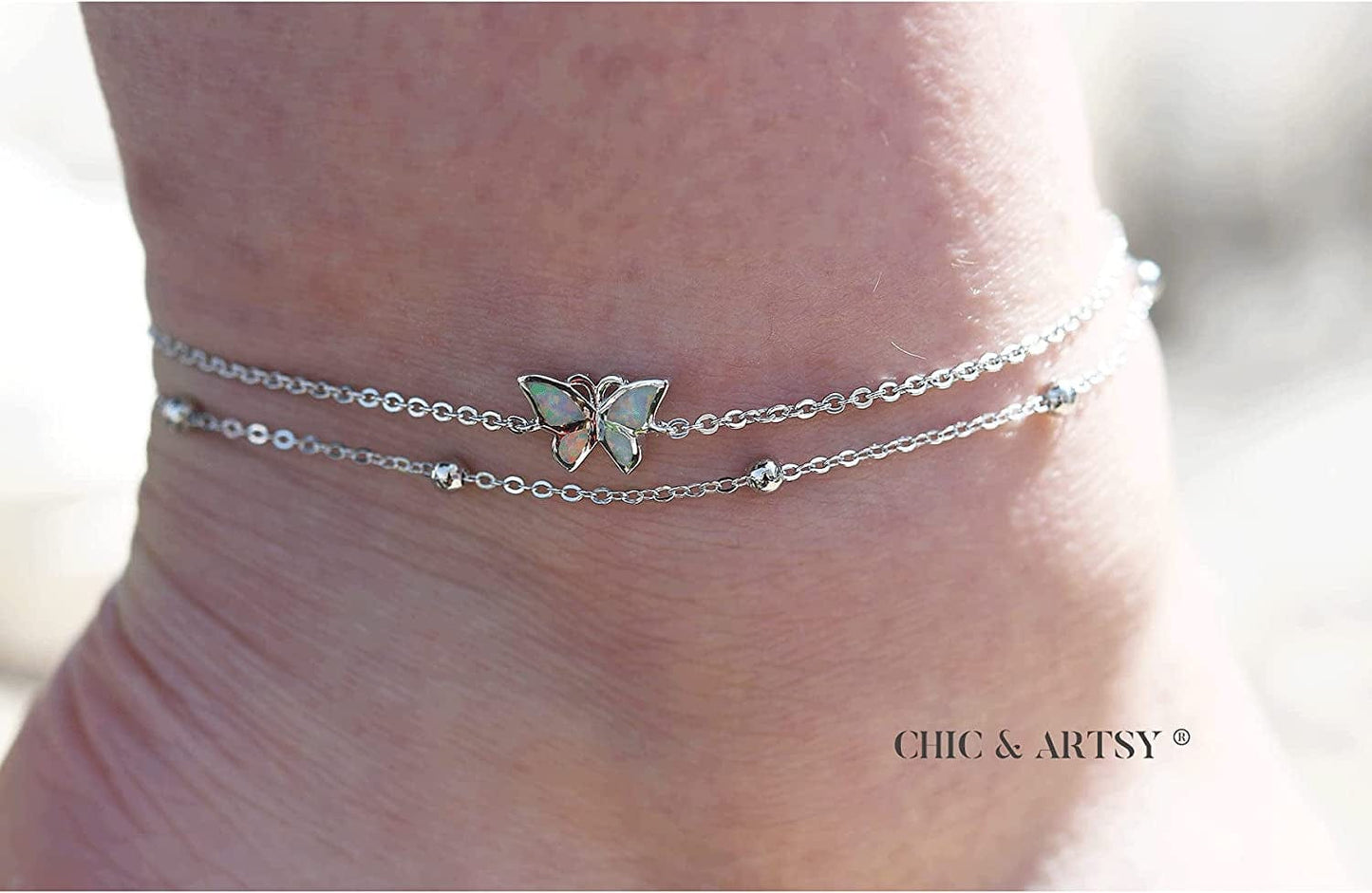 Womens Anklet 925 Sterling Silver Created Opal Layered Anklet Bracelet Dainty Beaded Chain Anklet Adjustable 11" Best Friend Anklet for Women Apparel & Accessories > Jewelry > Anklets CHIC & ARTSY
