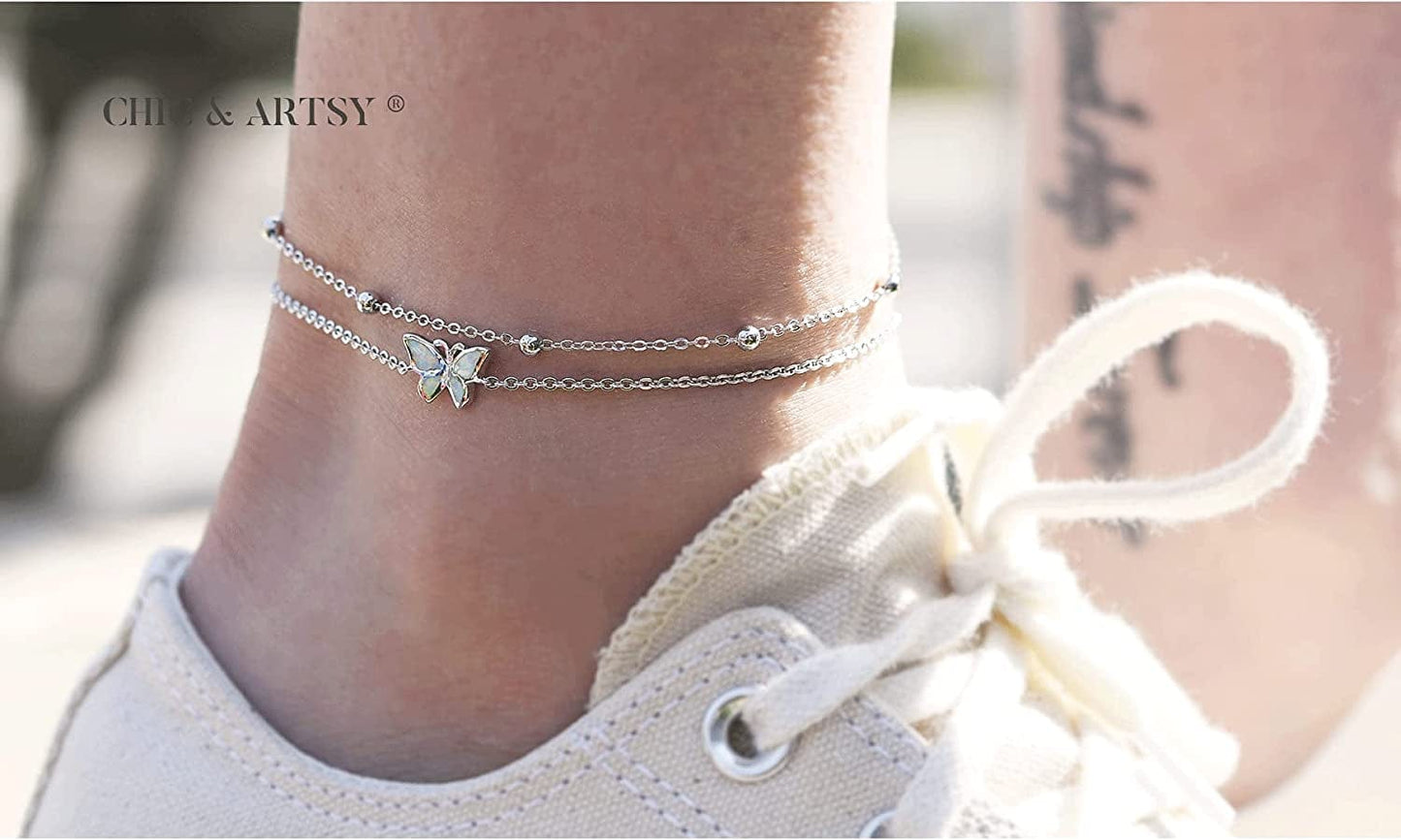 Womens Anklet 925 Sterling Silver Created Opal Layered Anklet Bracelet Dainty Beaded Chain Anklet Adjustable 11" Best Friend Anklet for Women Apparel & Accessories > Jewelry > Anklets CHIC & ARTSY