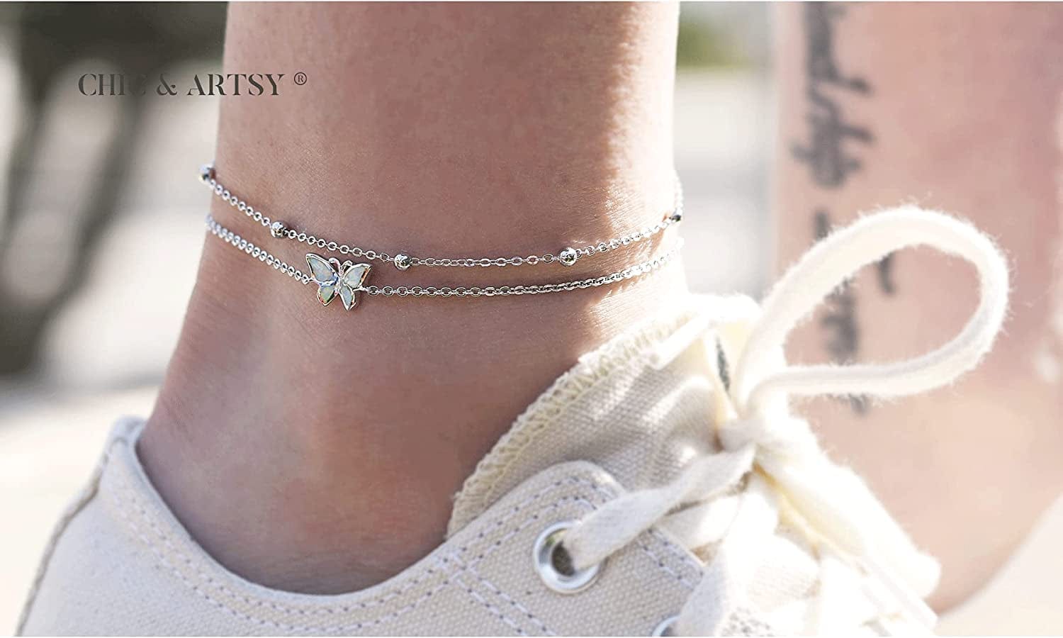 Womens Anklet 925 Sterling Silver Created Opal Layered Anklet Bracelet Dainty Beaded Chain Anklet Adjustable 11" Best Friend Anklet for Women Apparel & Accessories > Jewelry > Anklets CHIC & ARTSY