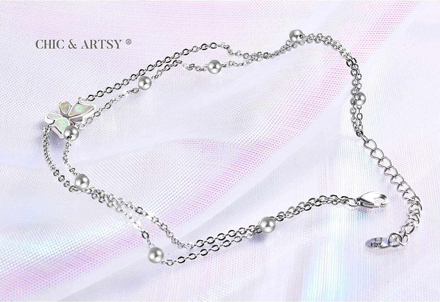 Womens Anklet 925 Sterling Silver Created Opal Layered Anklet Bracelet Dainty Beaded Chain Anklet Adjustable 11" Best Friend Anklet for Women Apparel & Accessories > Jewelry > Anklets CHIC & ARTSY