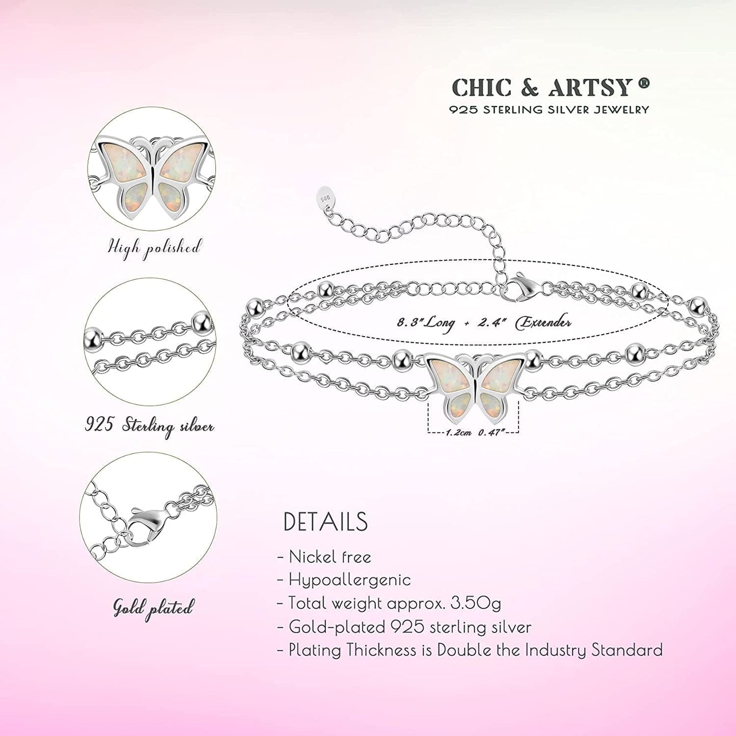 Womens Anklet 925 Sterling Silver Created Opal Layered Anklet Bracelet Dainty Beaded Chain Anklet Adjustable 11" Best Friend Anklet for Women Apparel & Accessories > Jewelry > Anklets CHIC & ARTSY