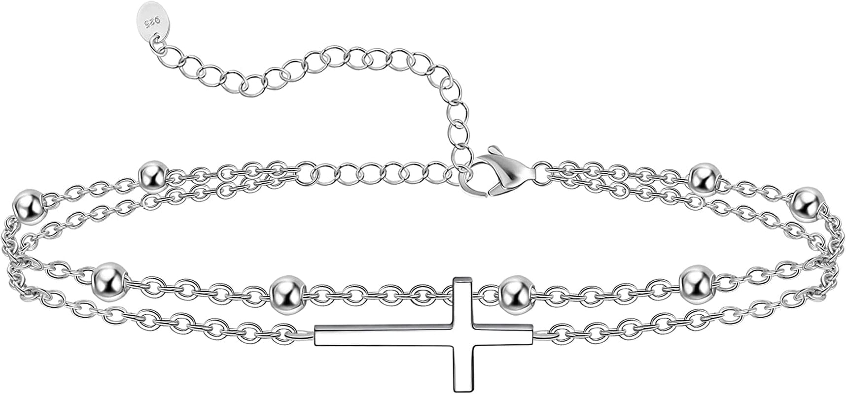 Womens Anklet 925 Sterling Silver Created Opal Layered Anklet Bracelet Dainty Beaded Chain Anklet Adjustable 11" Best Friend Anklet for Women Apparel & Accessories > Jewelry > Anklets CHIC & ARTSY Cross/silver