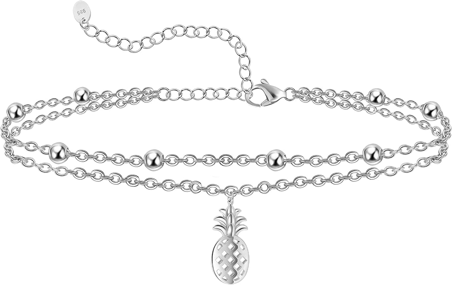 Womens Anklet 925 Sterling Silver Created Opal Layered Anklet Bracelet Dainty Beaded Chain Anklet Adjustable 11" Best Friend Anklet for Women Apparel & Accessories > Jewelry > Anklets CHIC & ARTSY Pineapple/silver