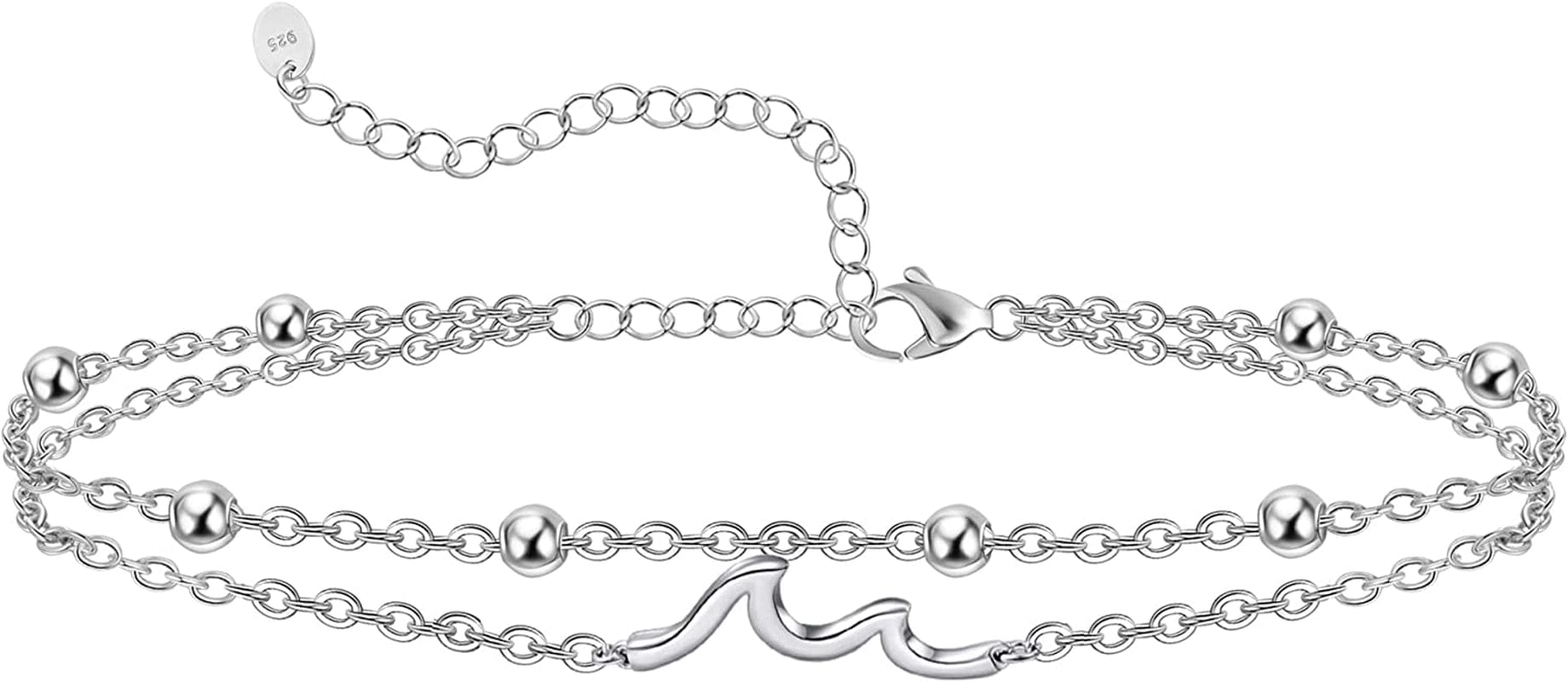 Womens Anklet 925 Sterling Silver Created Opal Layered Anklet Bracelet Dainty Beaded Chain Anklet Adjustable 11" Best Friend Anklet for Women Apparel & Accessories > Jewelry > Anklets CHIC & ARTSY Wave/silver