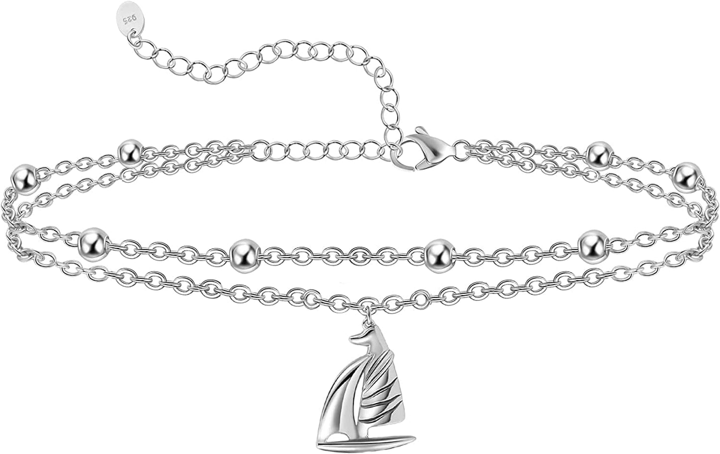 Womens Anklet 925 Sterling Silver Created Opal Layered Anklet Bracelet Dainty Beaded Chain Anklet Adjustable 11" Best Friend Anklet for Women Apparel & Accessories > Jewelry > Anklets CHIC & ARTSY Sailboat/silver