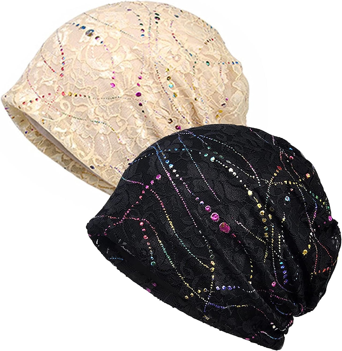 Womens Baggy Soft Slouchy Beanie Hat Stretch Infinity Scarf Head Wrap Cap Apparel & Accessories > Clothing Accessories > Headwear XYIYI 2pcs Lace Black Beige-t