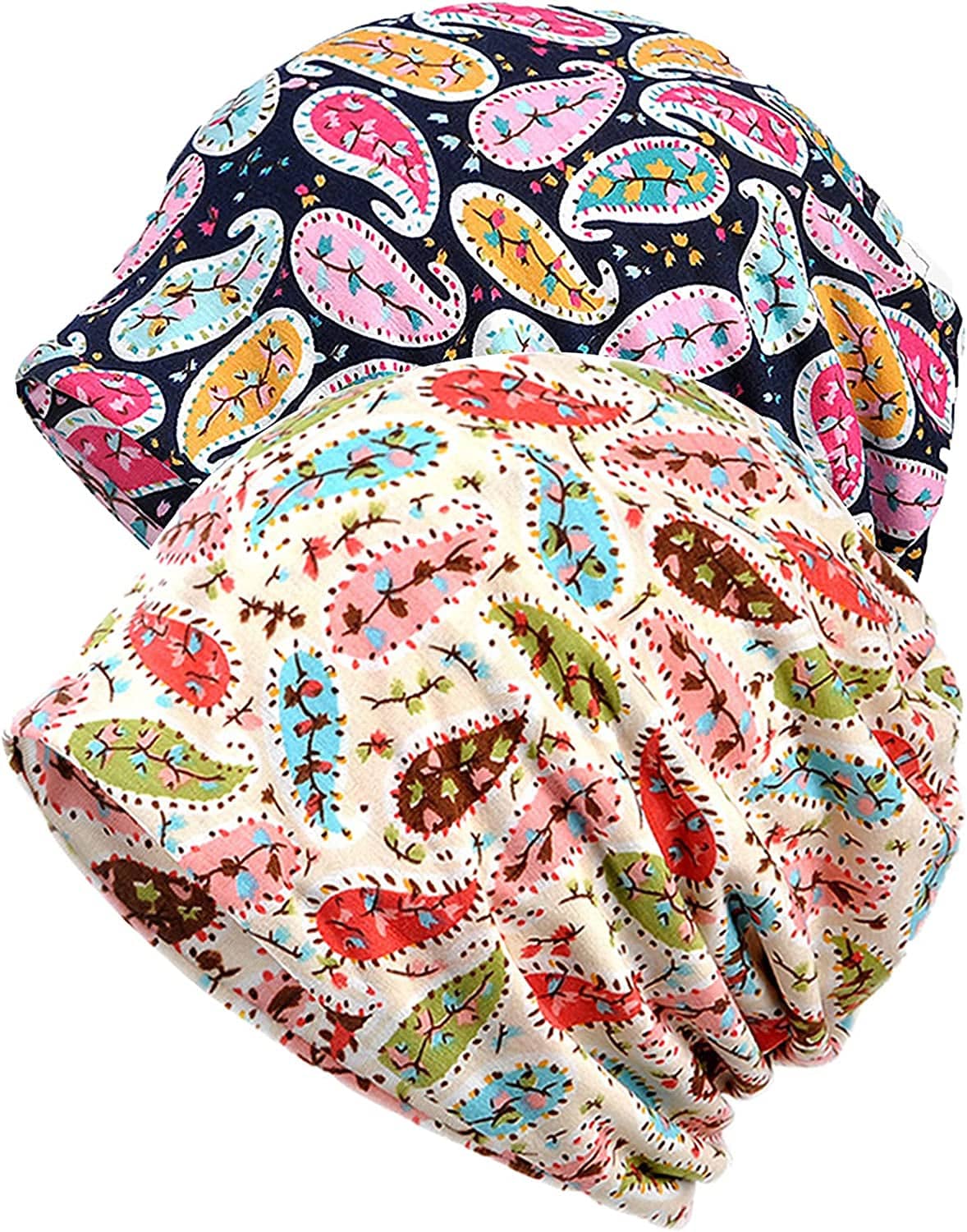 Womens Baggy Soft Slouchy Beanie Hat Stretch Infinity Scarf Head Wrap Cap Apparel & Accessories > Clothing Accessories > Headwear XYIYI 2pcs Cashew Blue Yellow-p