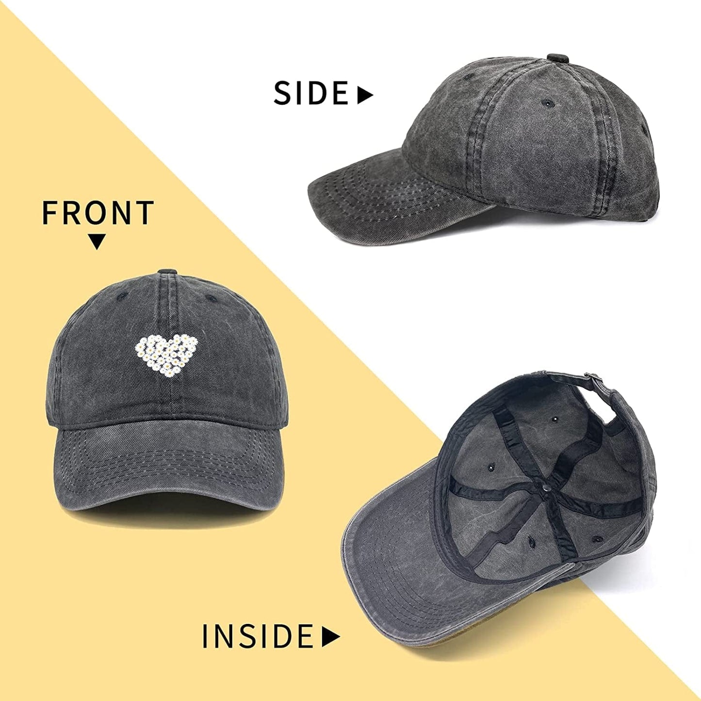 Womens Baseball Caps Black Baseball Cap Women Hats Ball Cap Cute Cotton Distressed Dad Vintage Adjustable Denim Plain Black Unstructured Small Low Profile Ladies Fits Well Fashion(Love) Apparel & Accessories > Clothing Accessories > Hats KLYJI