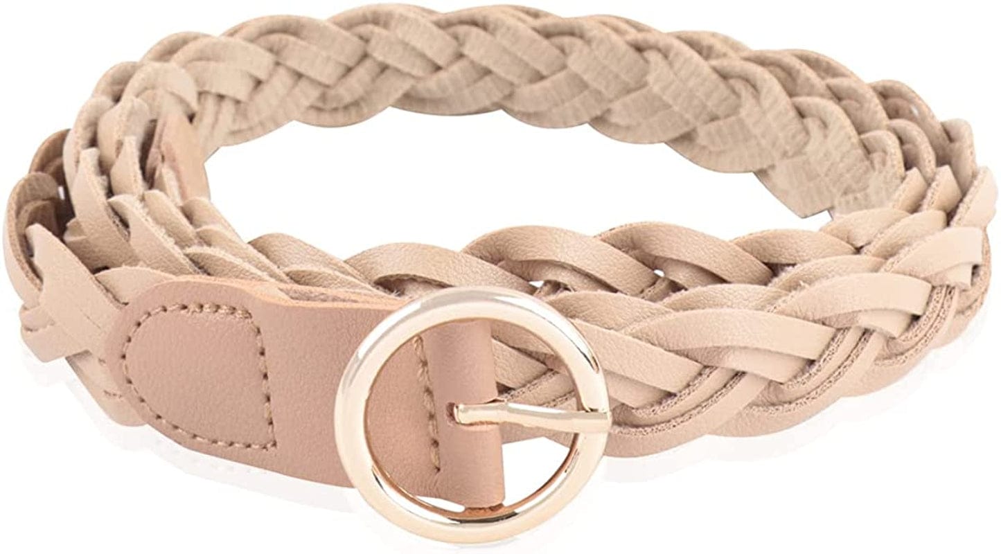 Womens Belt Fashion Metal Buckle Waist Belt - Faux Leather Skinny Dress Jeans Pants Belts Solid, Rhinestone Apparel & Accessories > Clothing Accessories > Belts RIAH FASHION Circle Buckle Braided Faux Leather Belt - Khaki