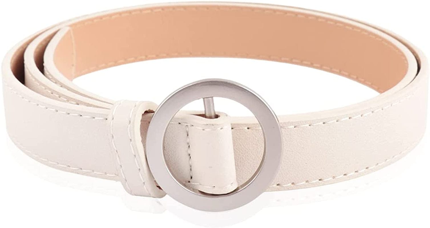 Womens Belt Fashion Metal Buckle Waist Belt - Faux Leather Skinny Dress Jeans Pants Belts Solid, Rhinestone Apparel & Accessories > Clothing Accessories > Belts RIAH FASHION Circle Buckle Faux Leather Belt - Ivory