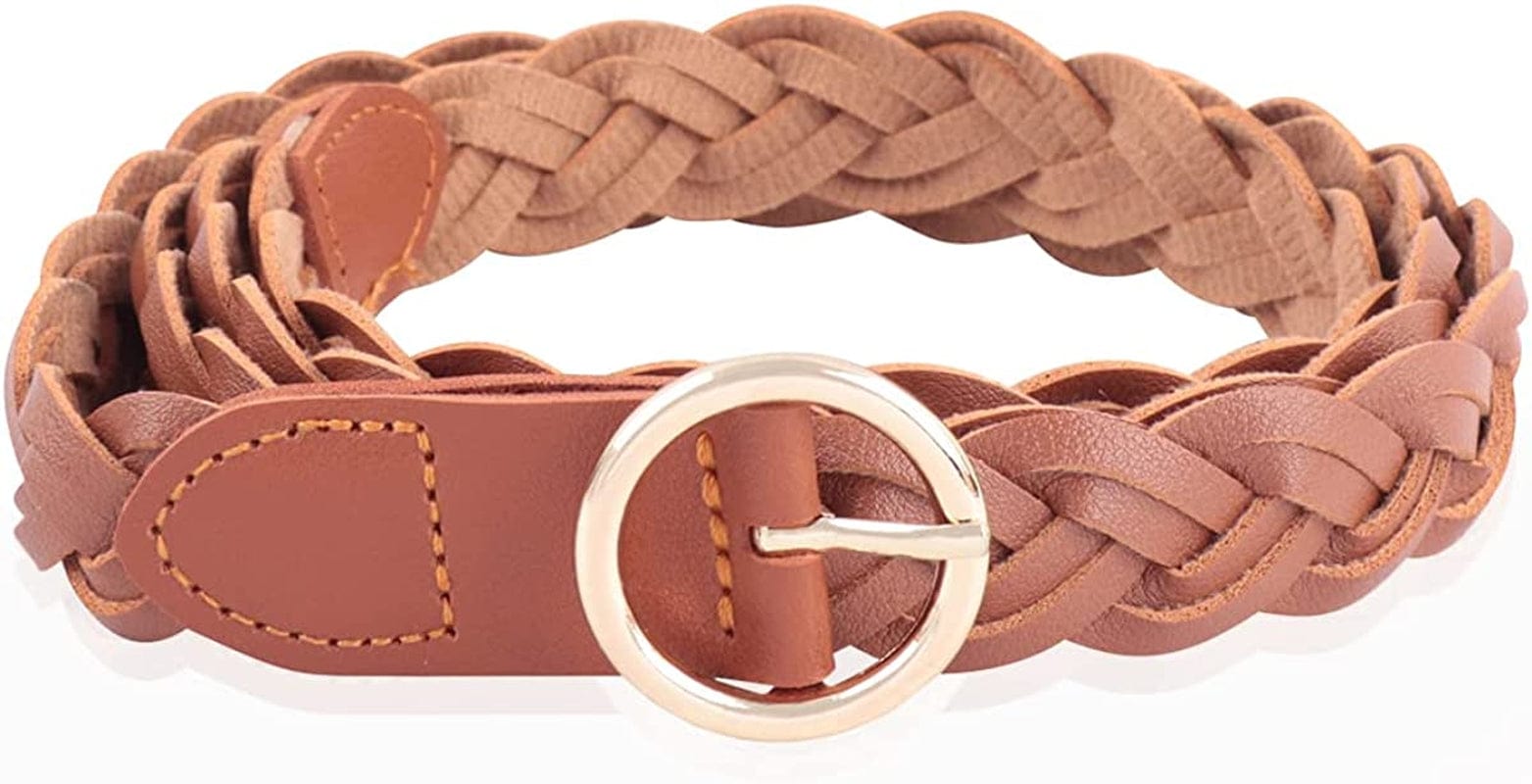 Womens Belt Fashion Metal Buckle Waist Belt - Faux Leather Skinny Dress Jeans Pants Belts Solid, Rhinestone Apparel & Accessories > Clothing Accessories > Belts RIAH FASHION Circle Buckle Braided Faux Leather Belt - Brown