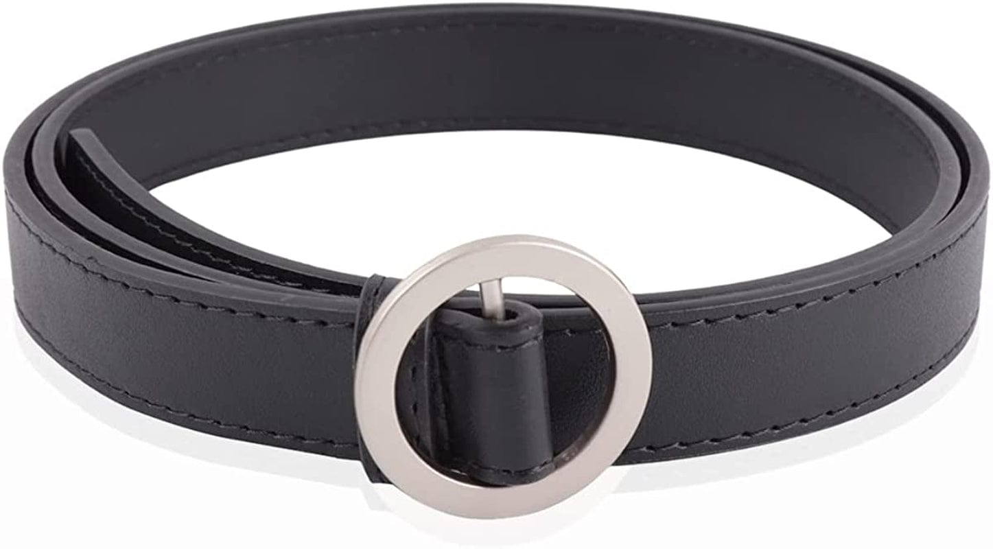 Womens Belt Fashion Metal Buckle Waist Belt - Faux Leather Skinny Dress Jeans Pants Belts Solid, Rhinestone Apparel & Accessories > Clothing Accessories > Belts RIAH FASHION Circle Buckle Faux Leather Belt - Black