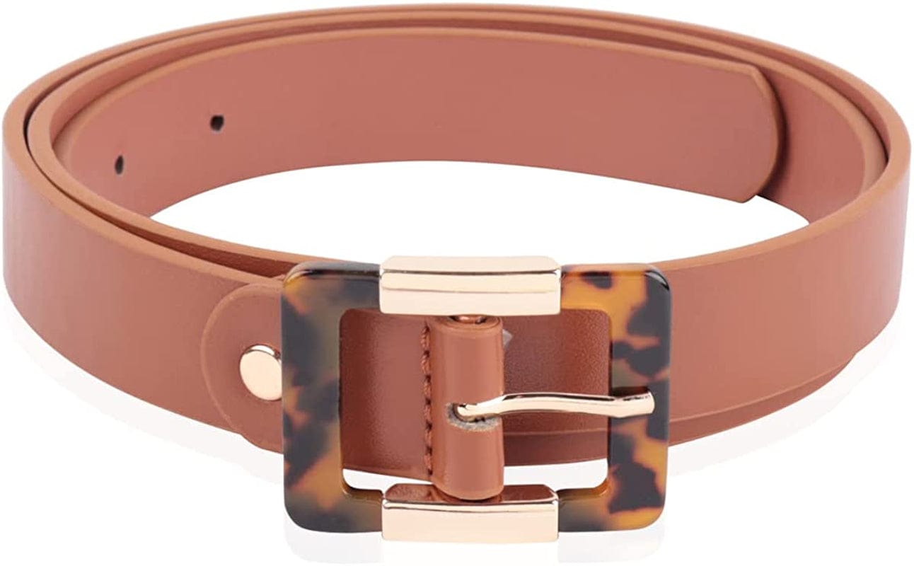 Womens Belt Fashion Metal Buckle Waist Belt - Faux Leather Skinny Dress Jeans Pants Belts Solid, Rhinestone Apparel & Accessories > Clothing Accessories > Belts RIAH FASHION Acetate Tortoise Buckle Belt - Brown
