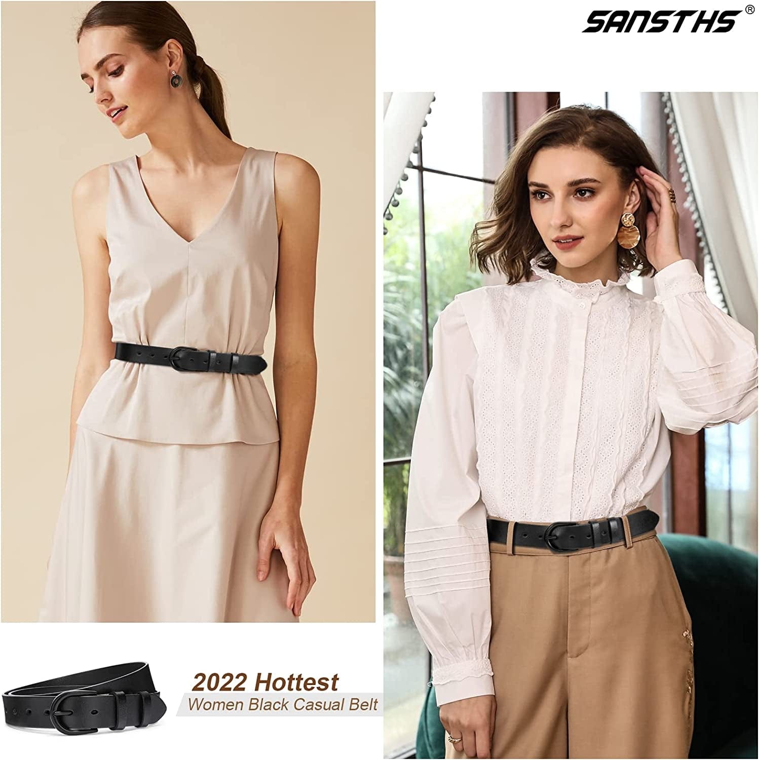 Womens Black Buckle Belt SANSTHS Casual Leather Jeans Belts with Black Metal Buckle Apparel & Accessories > Clothing Accessories > Belts SANSTHS