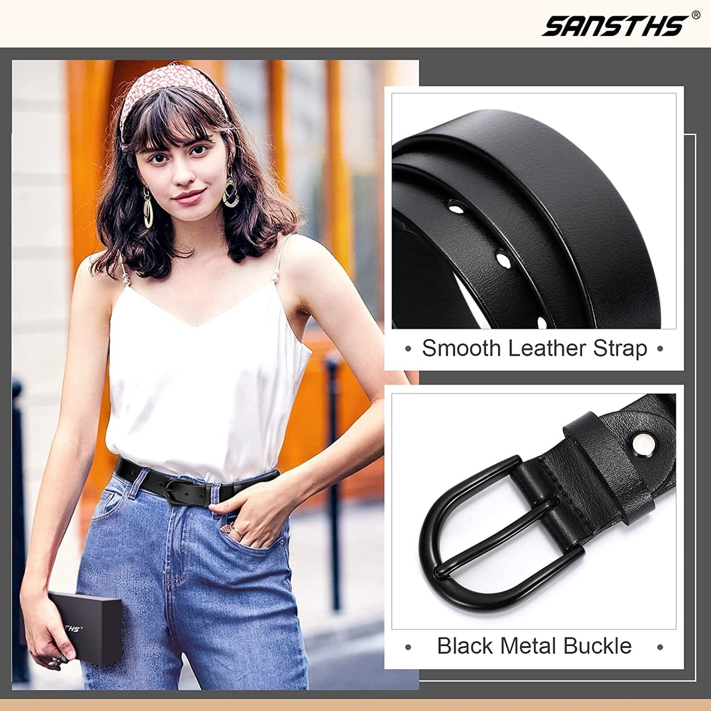 Womens Black Buckle Belt SANSTHS Casual Leather Jeans Belts with Black Metal Buckle Apparel & Accessories > Clothing Accessories > Belts SANSTHS