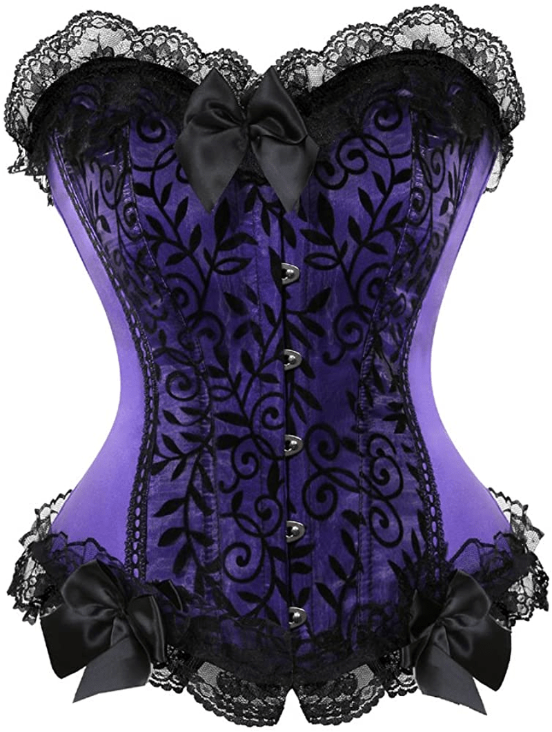 Womens Corsets Floral with Black Lace Trim Corset Satin Overbust Waist Cincher Bustier Apparel & Accessories > Clothing > Underwear & Socks > Lingerie Zhitunemi Purple Medium