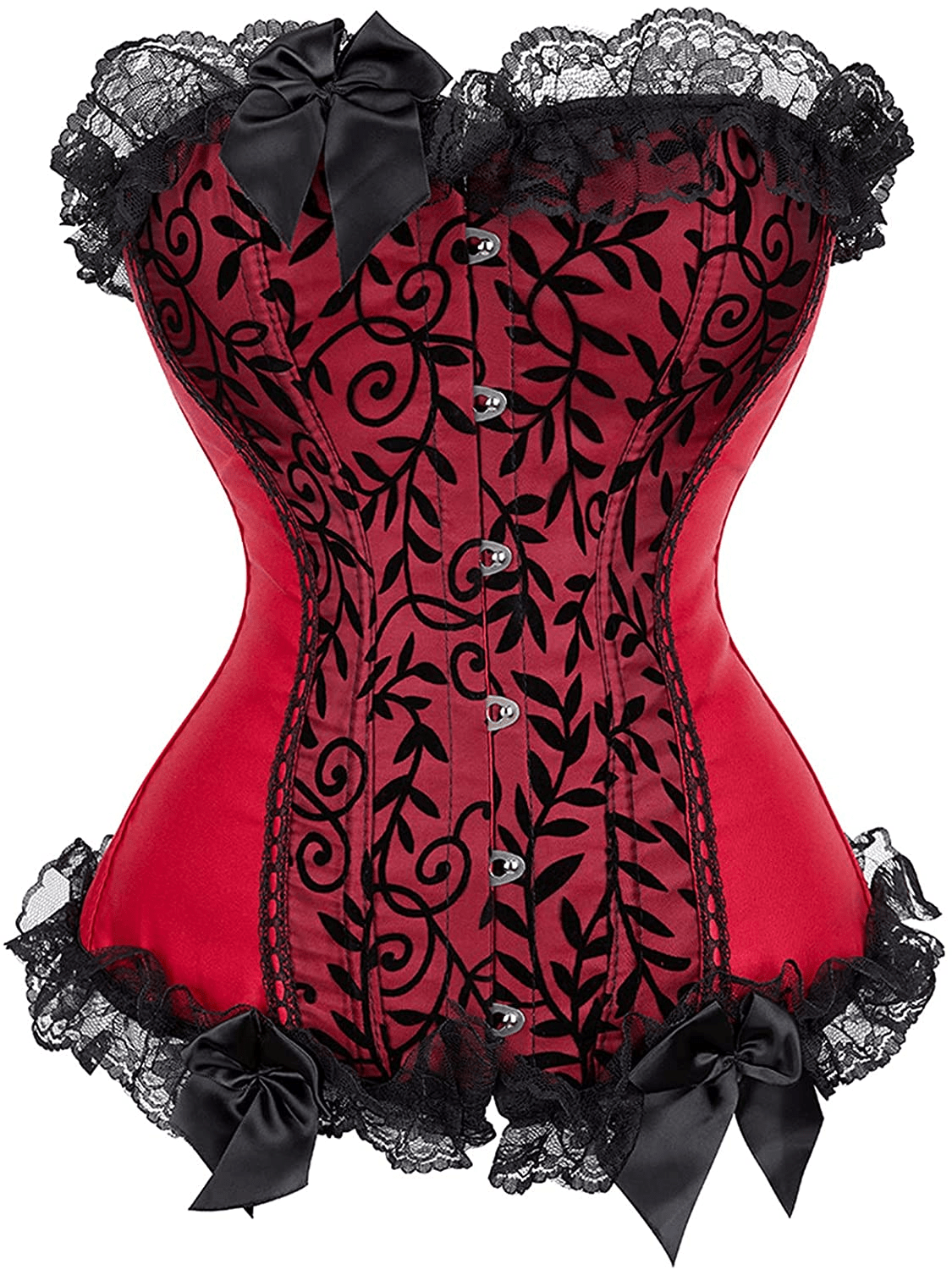 Womens Corsets Floral with Black Lace Trim Corset Satin Overbust Waist Cincher Bustier Apparel & Accessories > Clothing > Underwear & Socks > Lingerie Zhitunemi Wine Red Small