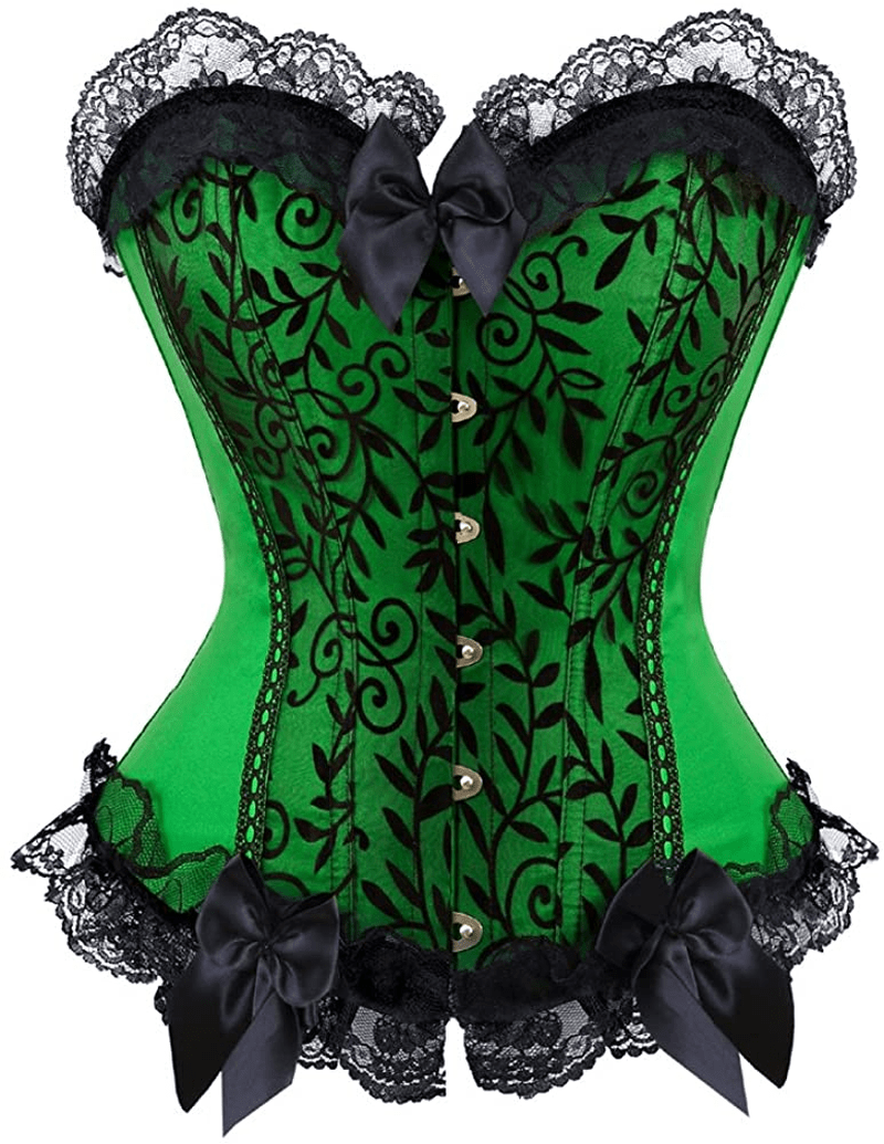 Womens Corsets Floral with Black Lace Trim Corset Satin Overbust Waist Cincher Bustier Apparel & Accessories > Clothing > Underwear & Socks > Lingerie Zhitunemi Green Medium
