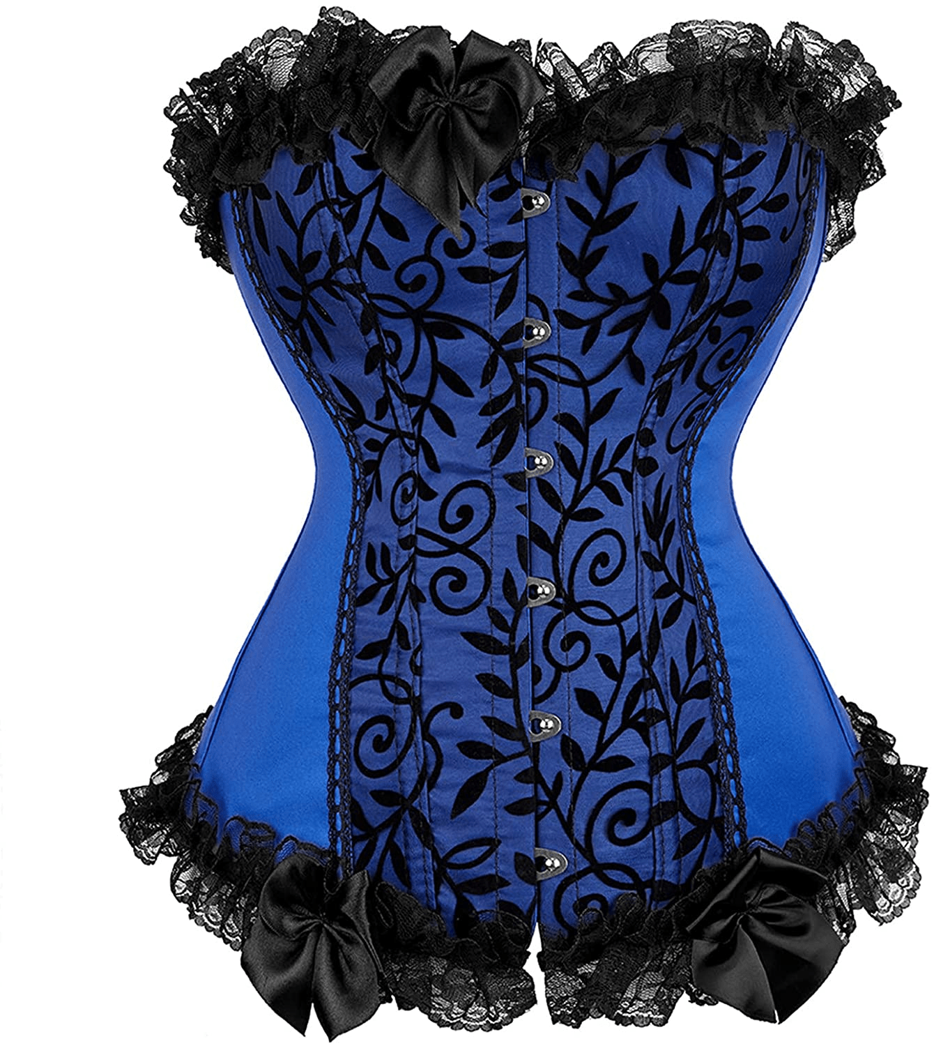 Womens Corsets Floral with Black Lace Trim Corset Satin Overbust Waist Cincher Bustier Apparel & Accessories > Clothing > Underwear & Socks > Lingerie Zhitunemi Black Blue Large