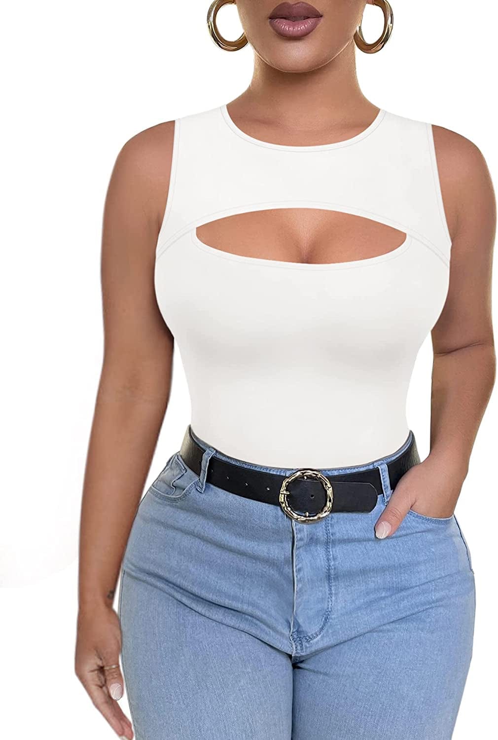 Womens Cutout Front Tops Long Sleeve Short Sleeve Bodycon T-Shirts A Sleeveless White / Small