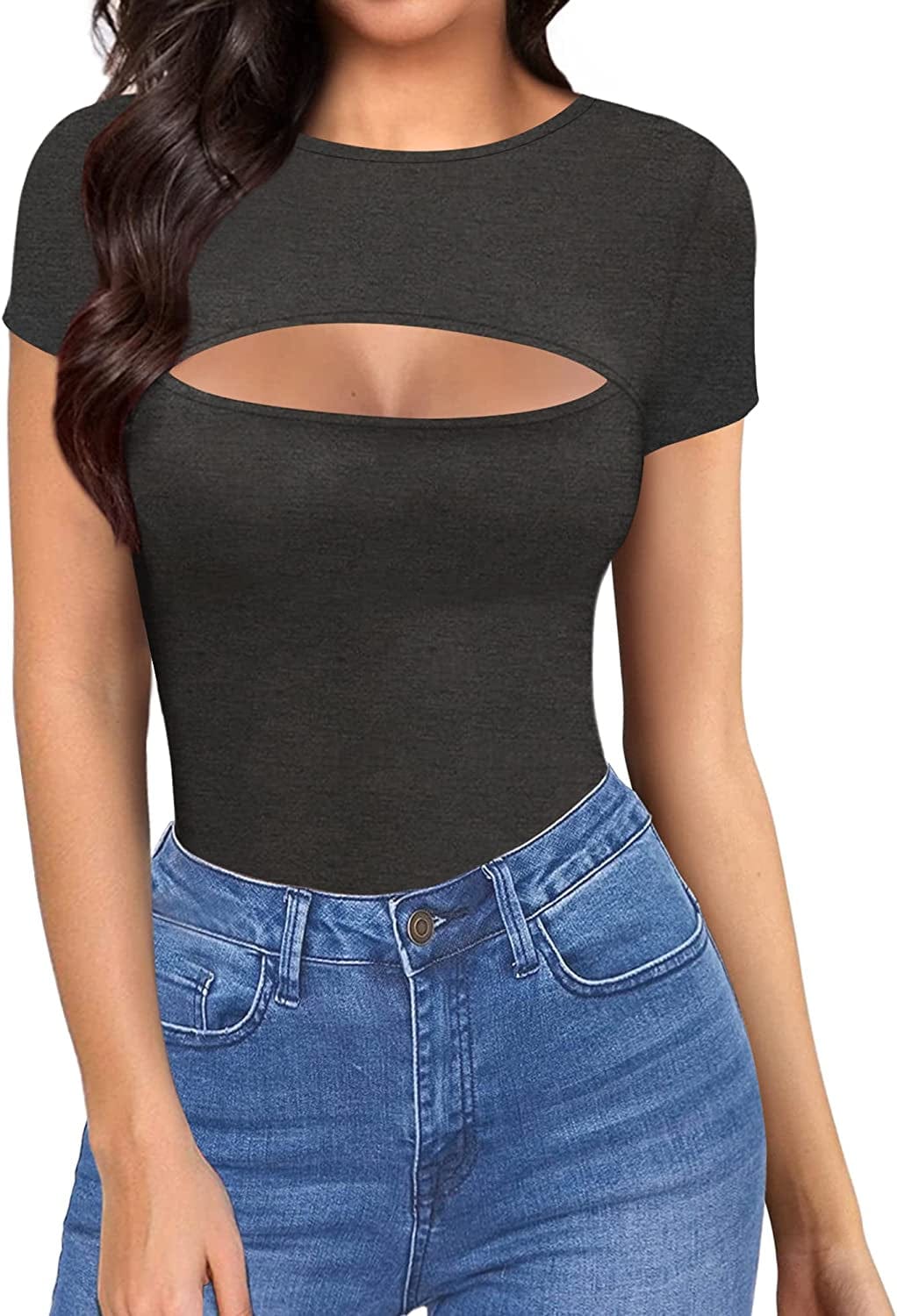Womens Cutout Front Tops Long Sleeve Short Sleeve Bodycon T-Shirts Short Sleeve Dark Heather Grey / Small