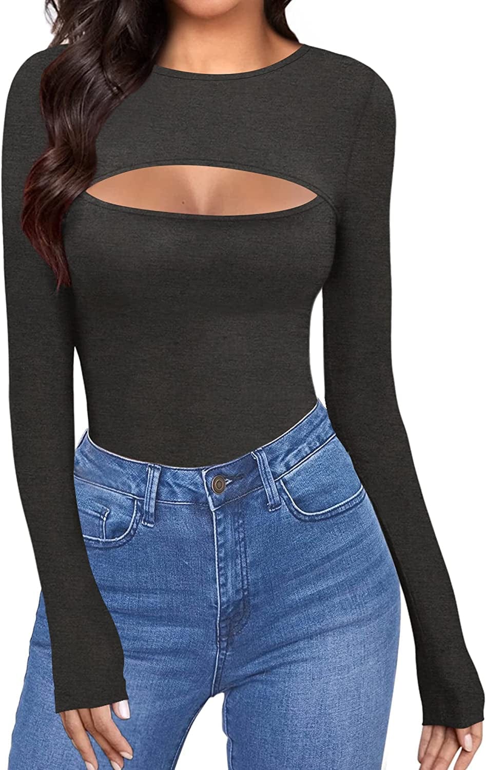 Womens Cutout Front Tops Long Sleeve Short Sleeve Bodycon T-Shirts Long Sleeve Dark Heather Grey / Small