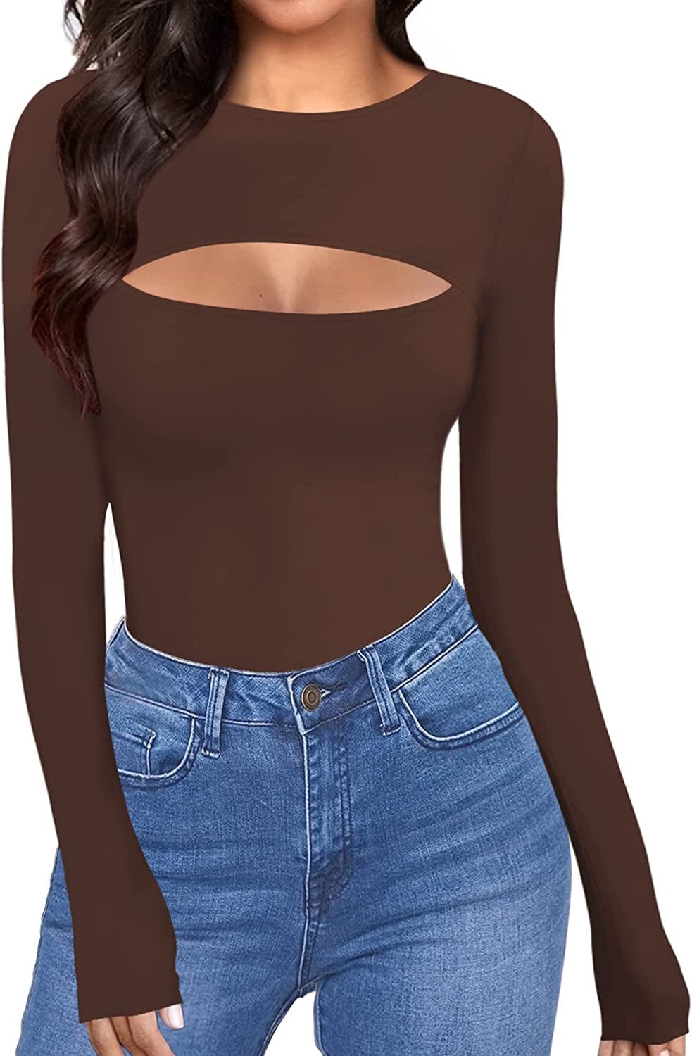 Womens Cutout Front Tops Long Sleeve Short Sleeve Bodycon T-Shirts Long Sleeve Coffee / Small