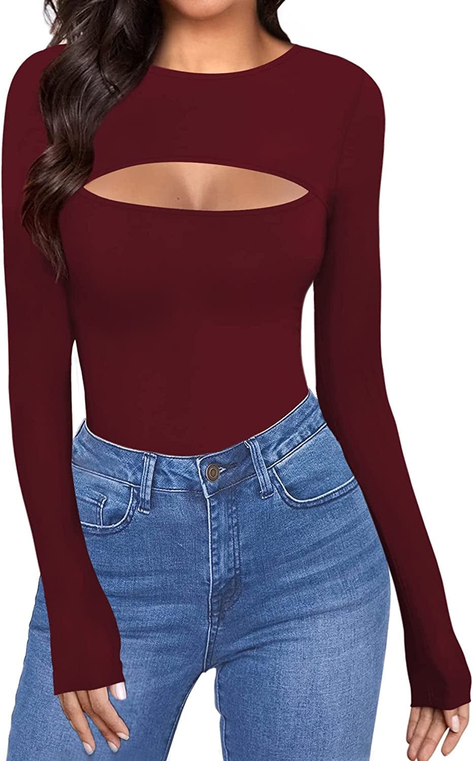Womens Cutout Front Tops Long Sleeve Short Sleeve Bodycon T-Shirts Long Sleeve Burgundy / Small