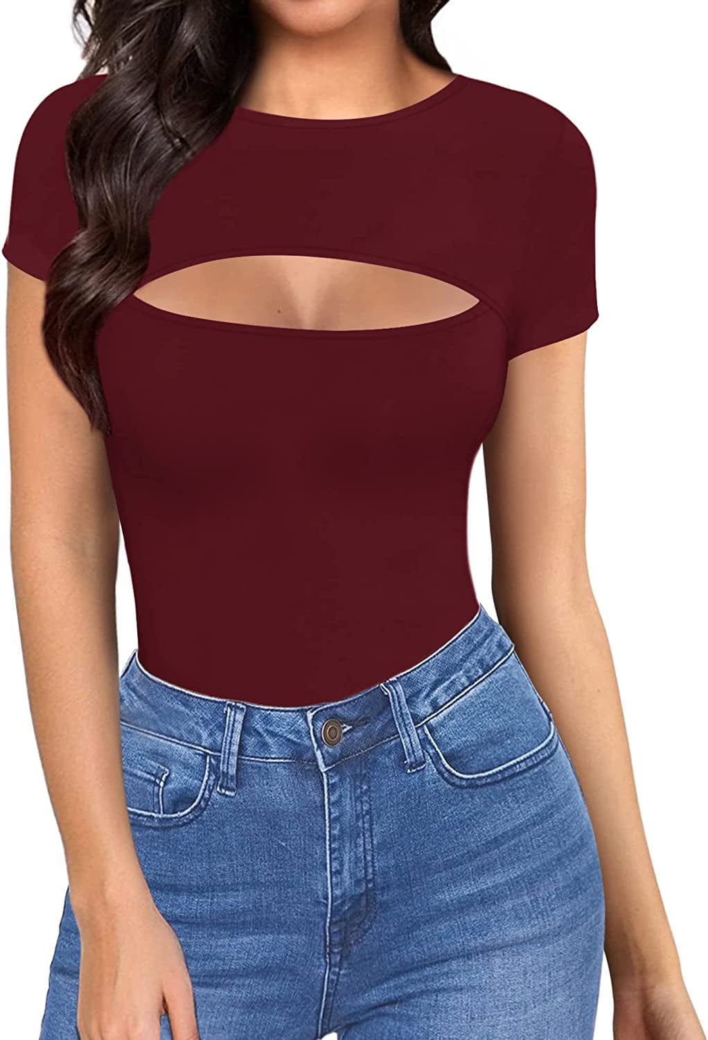 Womens Cutout Front Tops Long Sleeve Short Sleeve Bodycon T-Shirts Short Sleeve Burgundy / Small