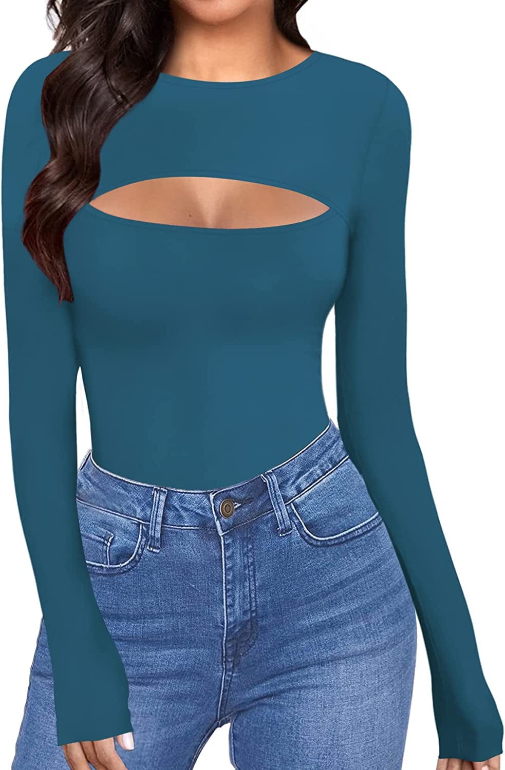 Womens Cutout Front Tops Long Sleeve Short Sleeve Bodycon T-Shirts Long Sleeve Teal Blue / Small