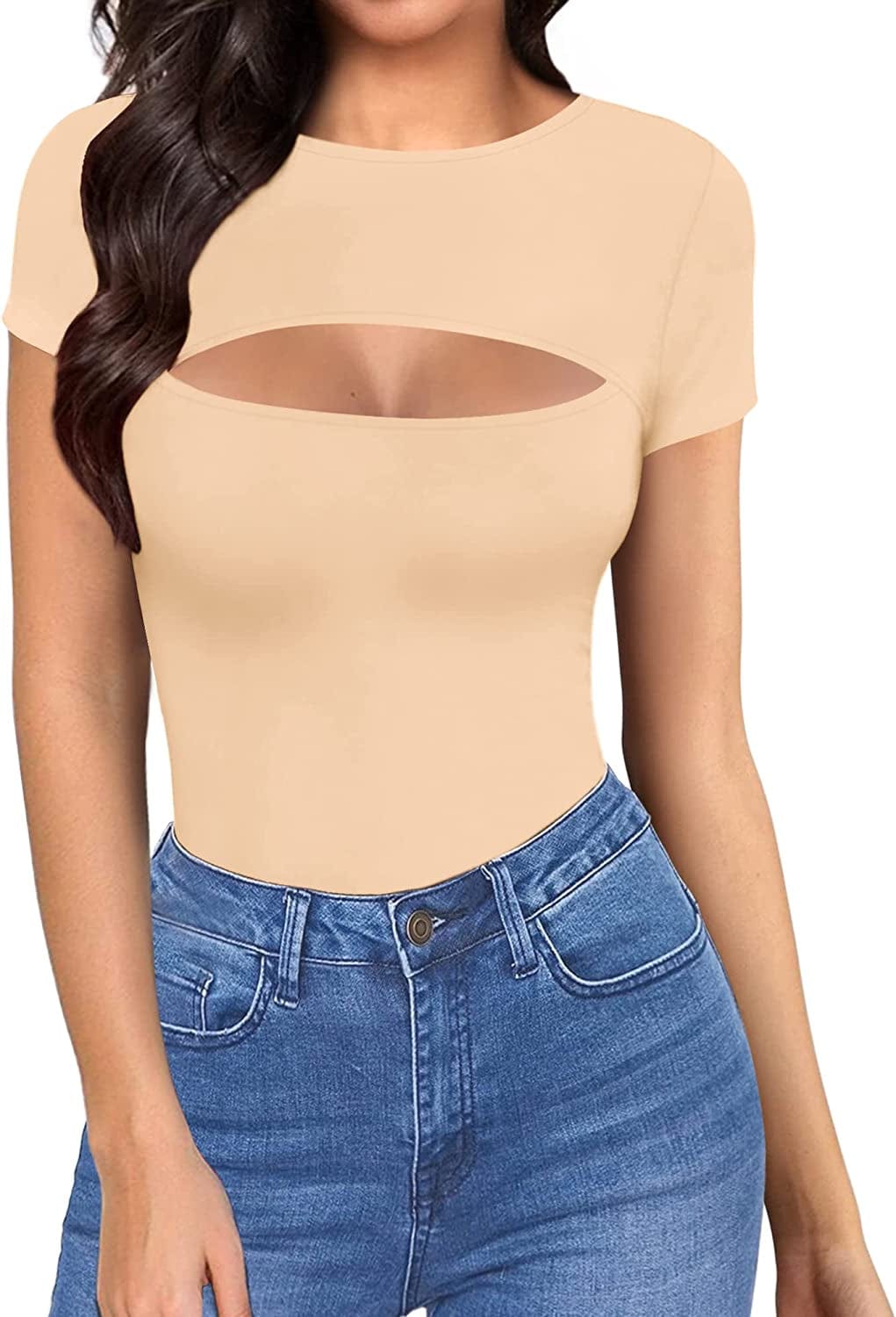Womens Cutout Front Tops Long Sleeve Short Sleeve Bodycon T-Shirts Short Sleeve Nude / Small