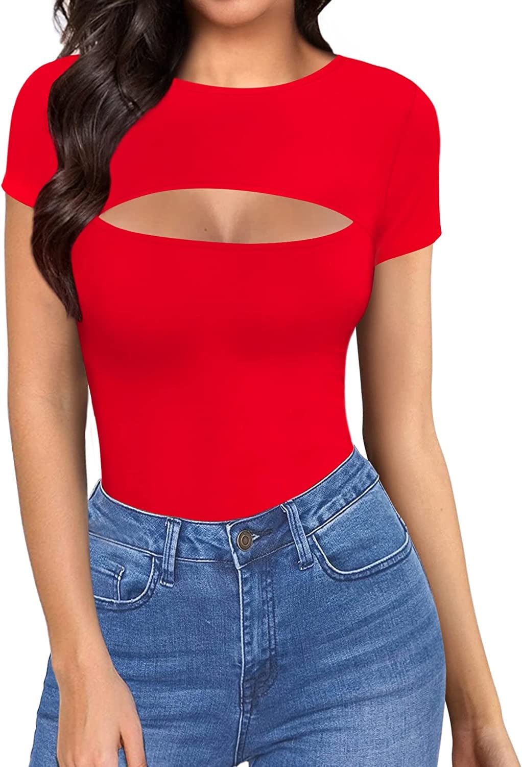 Womens Cutout Front Tops Long Sleeve Short Sleeve Bodycon T-Shirts Short Sleeve Red / Small