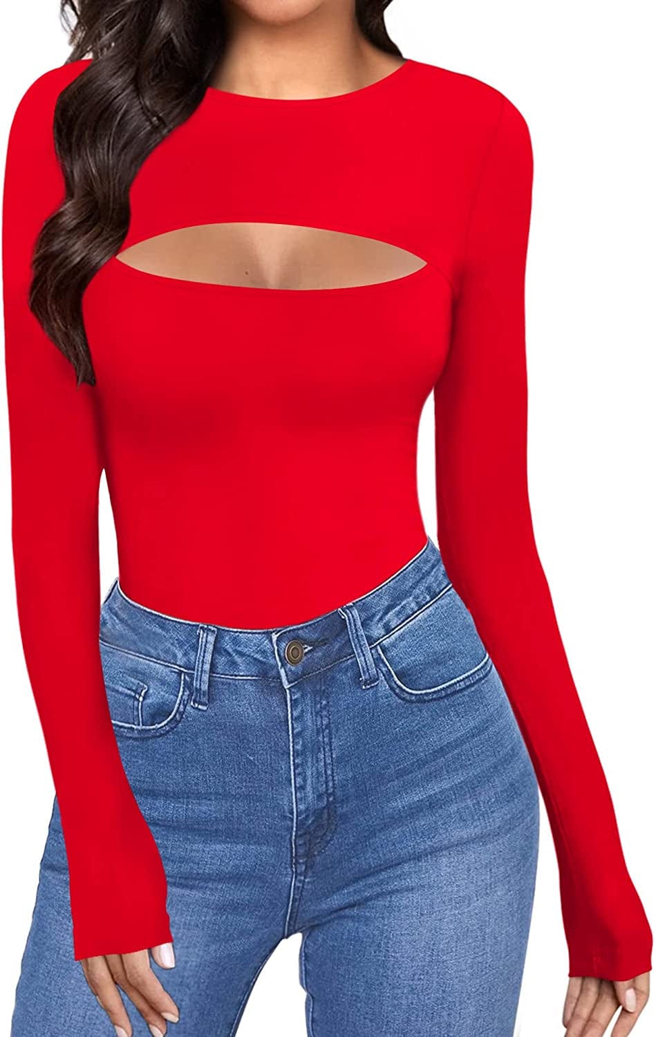 Womens Cutout Front Tops Long Sleeve Short Sleeve Bodycon T-Shirts Long Sleeve Red / Small