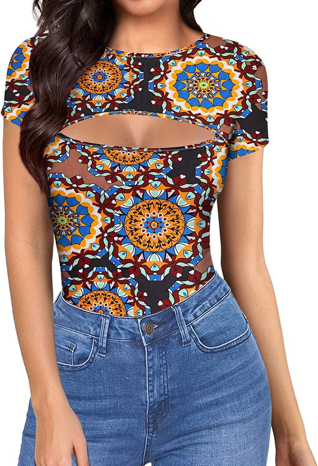 Womens Cutout Front Tops Long Sleeve Short Sleeve Bodycon T-Shirts Short Sleeve 21-2#mandala / Small