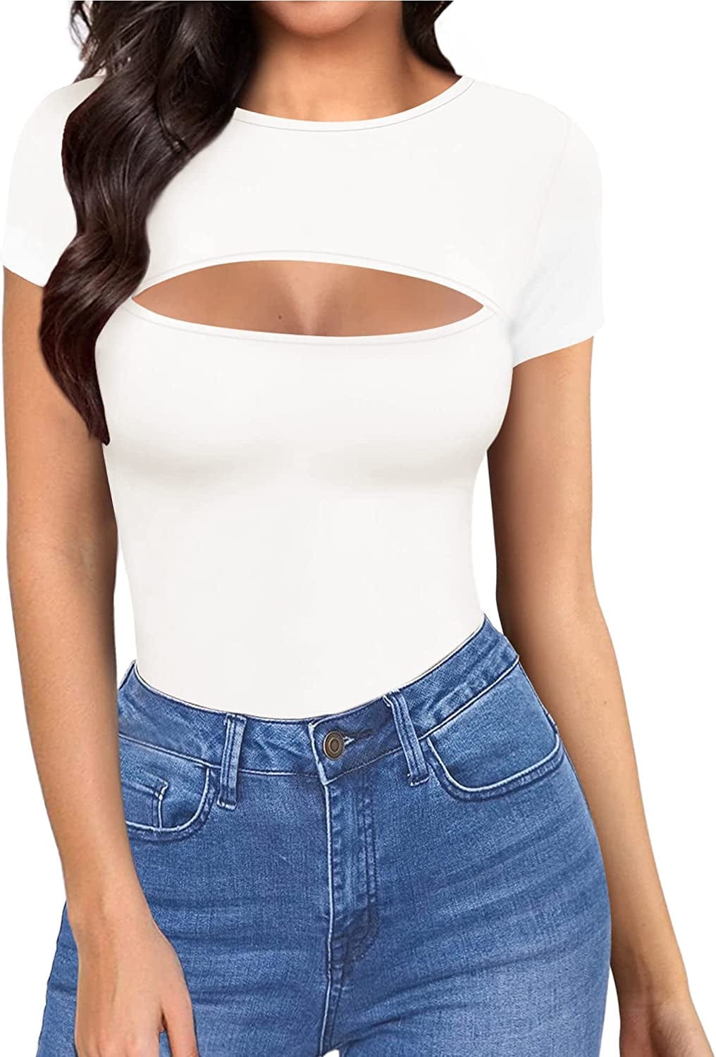 Womens Cutout Front Tops Long Sleeve Short Sleeve Bodycon T-Shirts A Short Sleeve White / X-Small