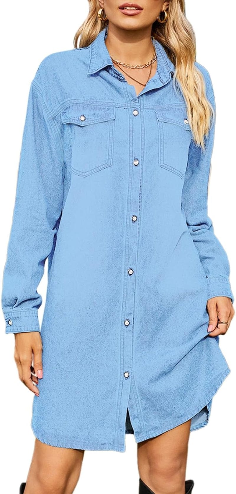 Womens Denim Shirt Dresses Long Sleeve Vintage Distressed Button down Casual Jean Dress with Pockets B-Light Blue / Small