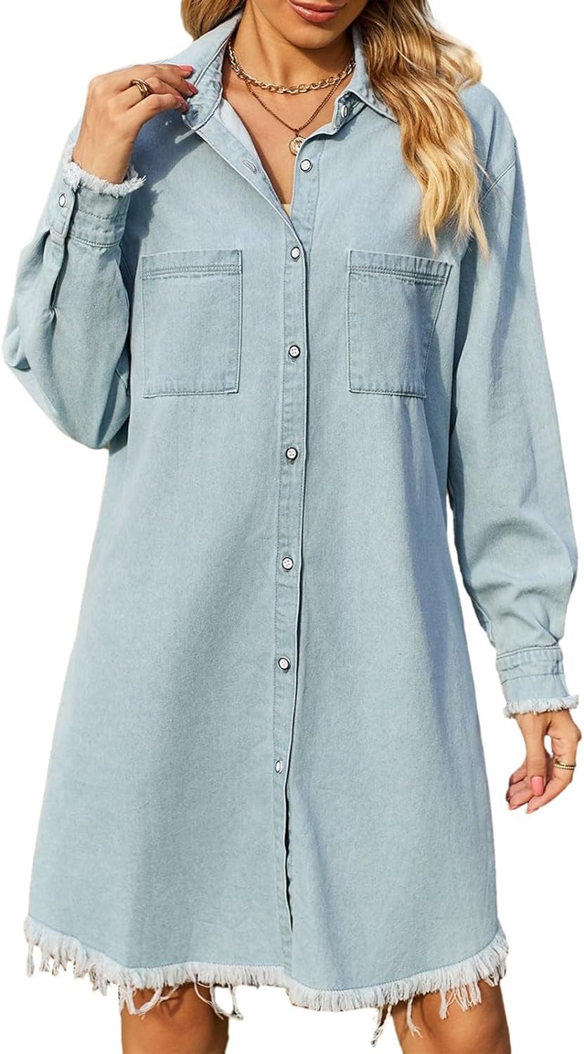 Womens Denim Shirt Dresses Long Sleeve Vintage Distressed Button down Casual Jean Dress with Pockets Light Blue / Medium