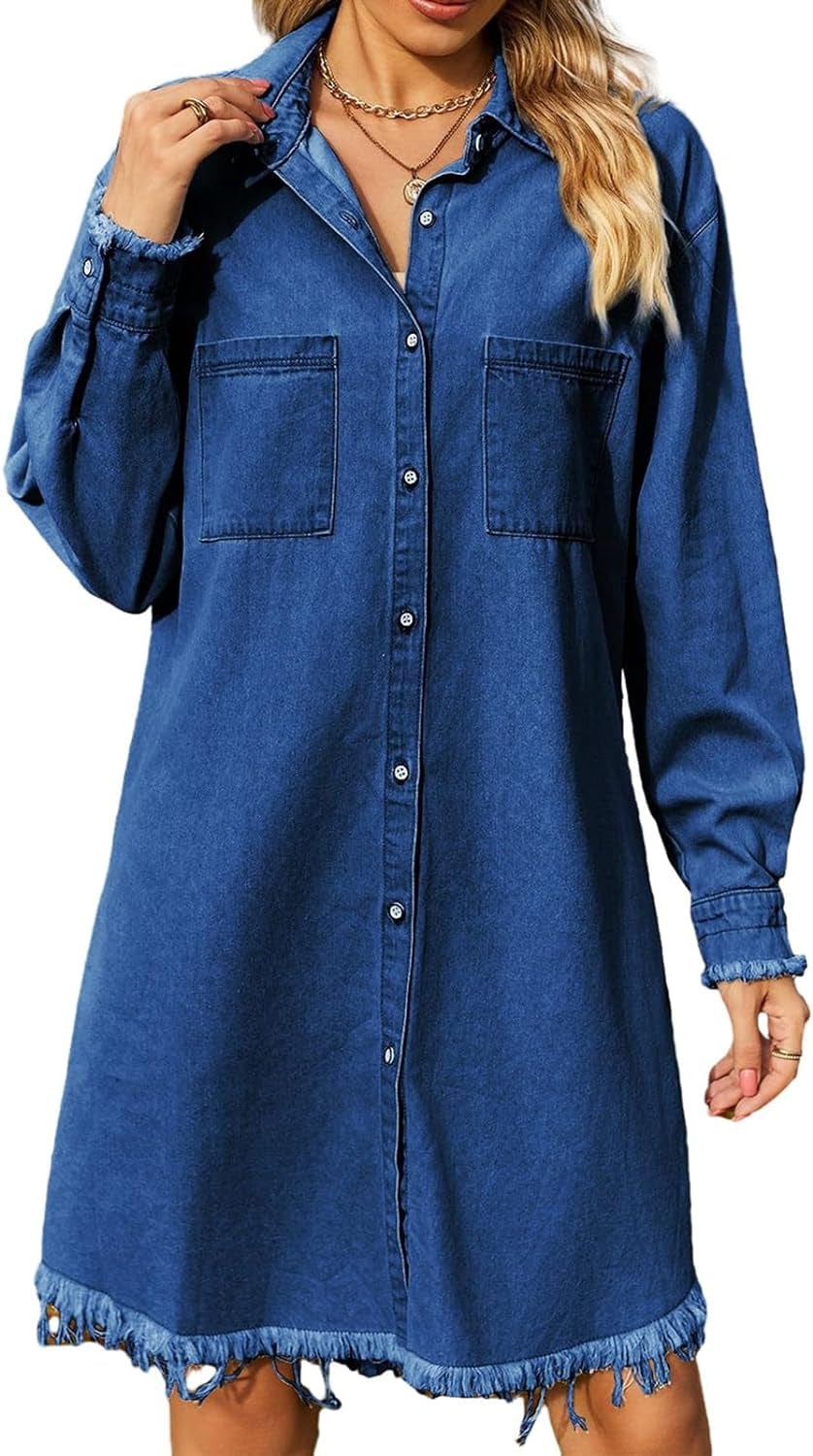 Womens Denim Shirt Dresses Long Sleeve Vintage Distressed Button down Casual Jean Dress with Pockets Dark Blue / Large