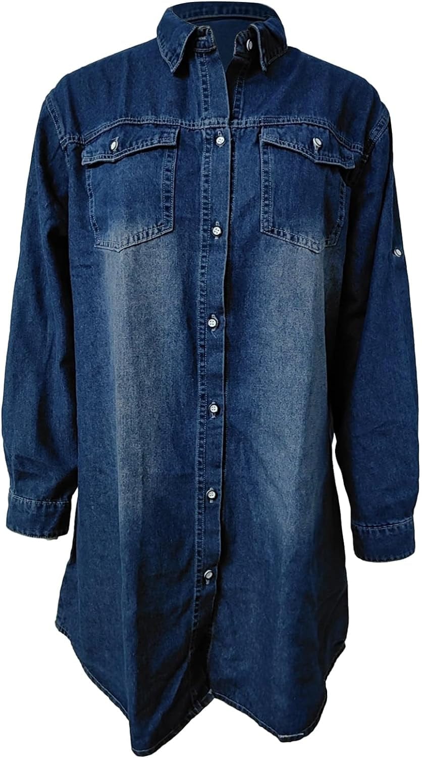 Womens Denim Shirt Dresses Long Sleeve Vintage Distressed Button down Casual Jean Dress with Pockets