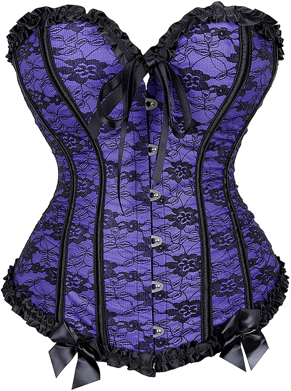 Womens Floral Black Lace Trim Corset Overbust Waist Cincher Bustier Top Apparel & Accessories > Clothing > Underwear & Socks > Lingerie Zhitunemi Purple 3X-Large