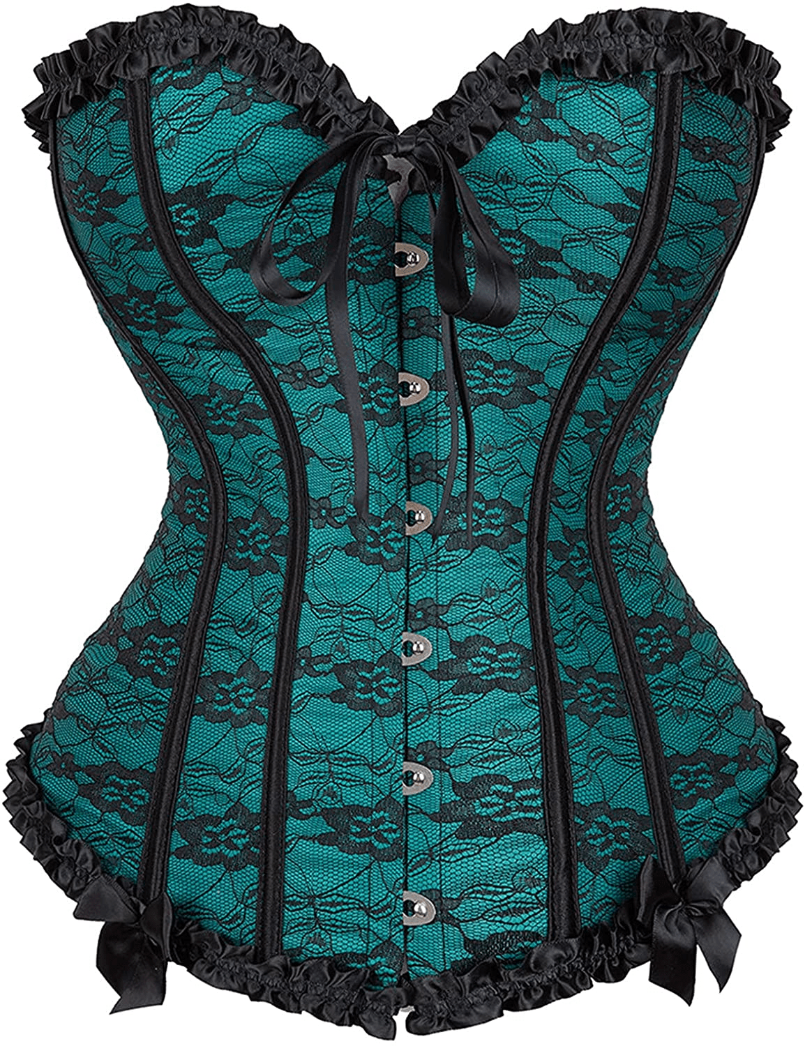 Womens Floral Black Lace Trim Corset Overbust Waist Cincher Bustier Top Apparel & Accessories > Clothing > Underwear & Socks > Lingerie Zhitunemi Deep Green XX-Large