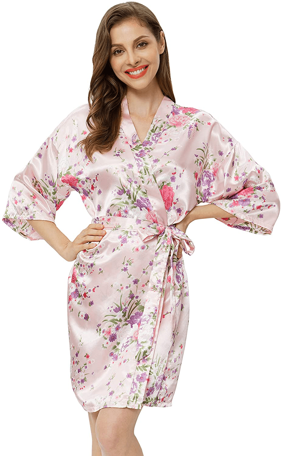 Womens Floral Robes Silk Satin Bathrobes Bridesmaid Bridal Wedding Party Lightweight Kimono Nightgown Apparel & Accessories > Clothing > Sleepwear & Loungewear > Robes DITSONEO Pink Medium