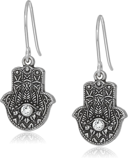 Womens Hand of Fatima Hook Drop Earrings, Rafaelian Rafaelian Silver