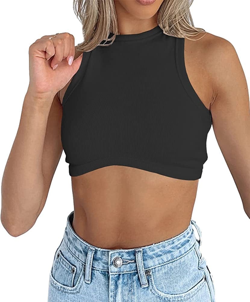 Womens High Neck Crop Tops Crewneck Ribbed Fitted Sleeveless Corset Bustier Y2K Tanks Black / X-Small