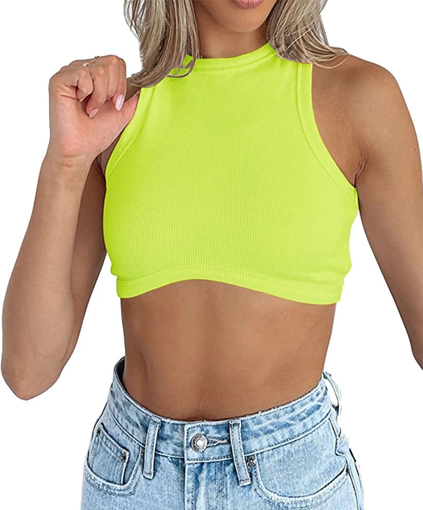 Womens High Neck Crop Tops Crewneck Ribbed Fitted Sleeveless Corset Bustier Y2K Tanks Lime Neon Green / X-Small