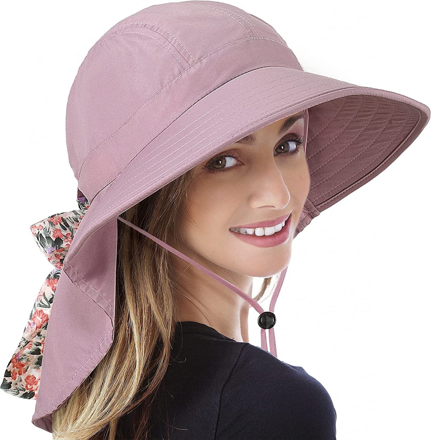 Womens Hiking Hat Wide Brim Hat with Large Neck Flap UPF 50+ Sun Protection Hats Apparel & Accessories > Clothing Accessories > Hats Tirrinia Pink W/ Floral Ribbon