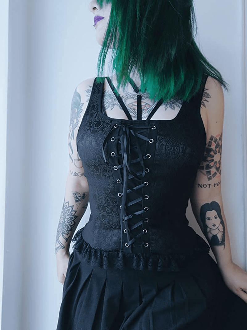 Womens Lace up Jacquard Tank Vest Tops Gothic Corset Top Apparel & Accessories > Clothing > Underwear & Socks > Lingerie Scarlet Darkness